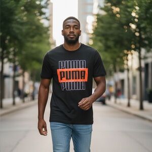 Men’s Puma T-Shirt Size XXL Black & Red Short Sleeve  Stacked Graphic Print